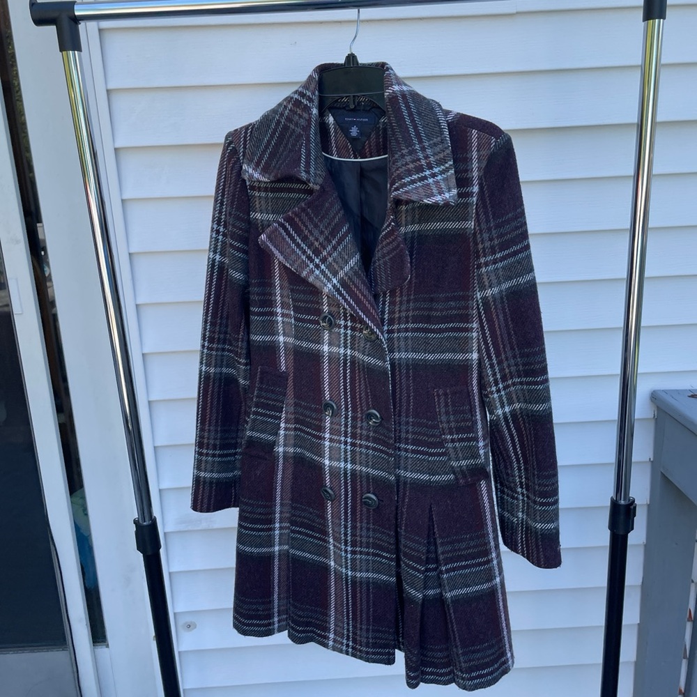 Tommy Hilfiger Burgundy Plaid Double-Breasted Pea Coat